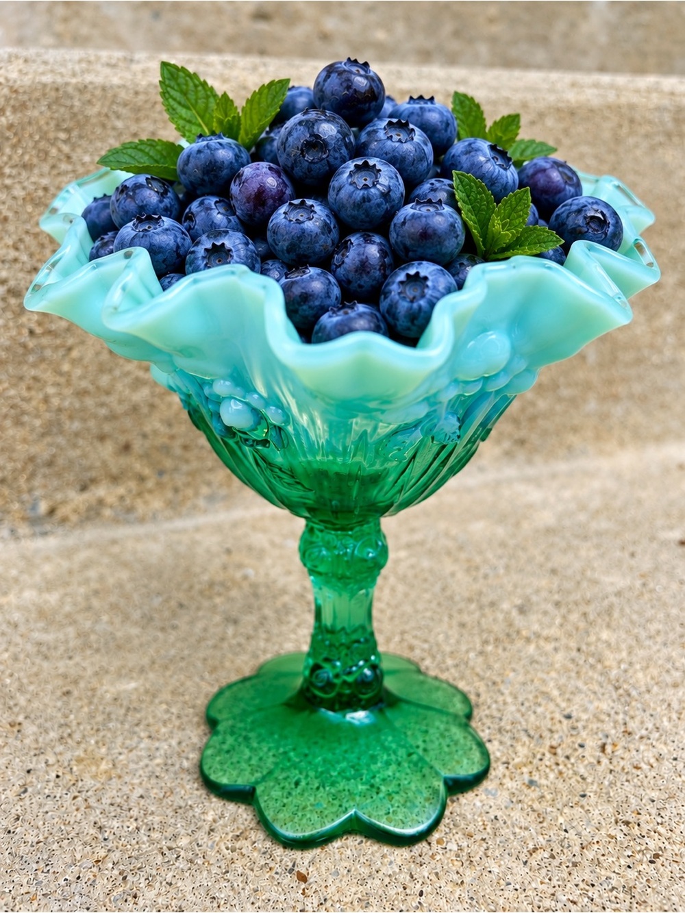 Fenton Sea Mist Green Opalescent Cabbage Rose Compote - 1993